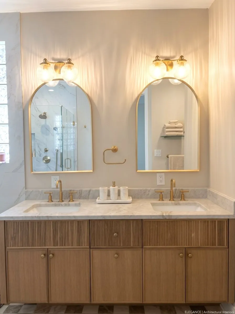 Double vanity with twin arched mirrors and brass sconces above fluted oak cabinetry