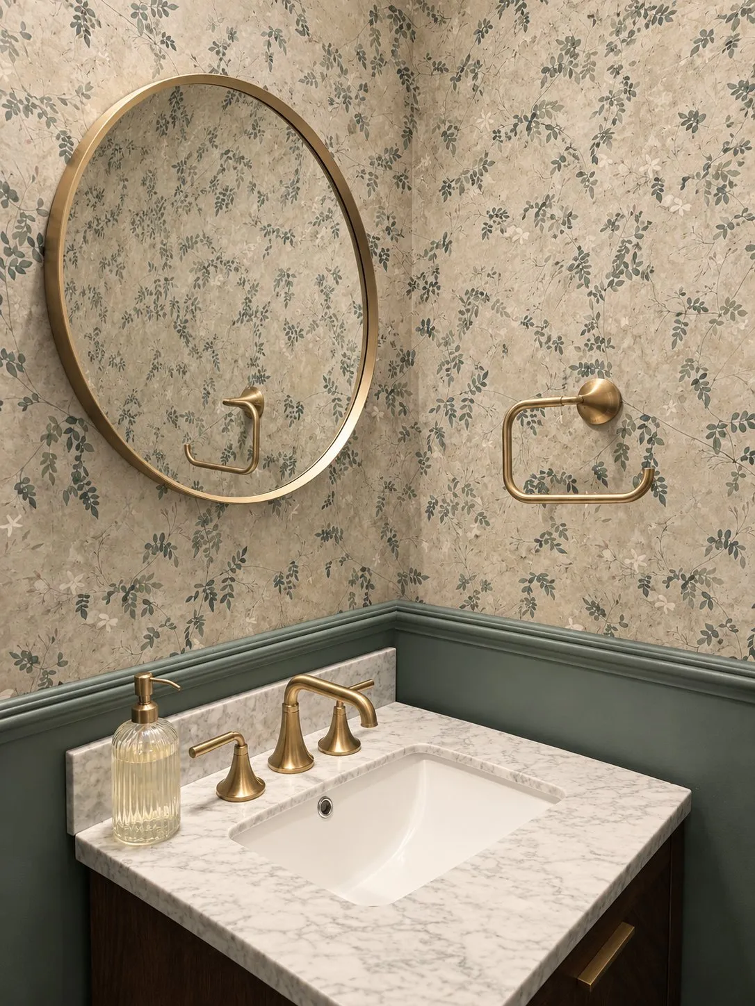 The powder room vanity close up: brass tap on marble, round mirror and floral paper above the green wainscot