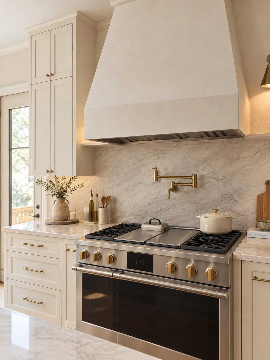 Range and plaster hood set against a marble backsplash, with cream cabinetry either side