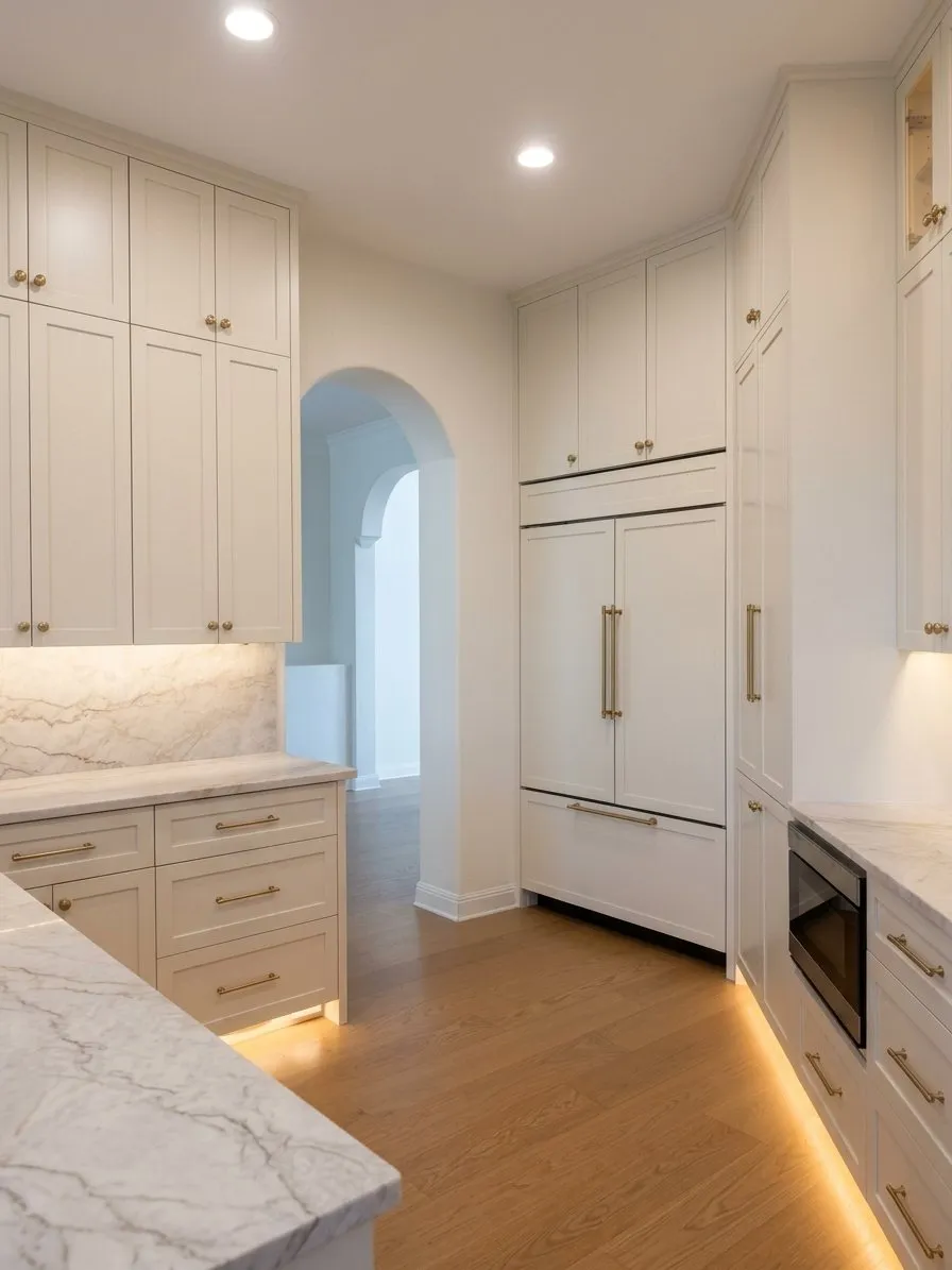 The approach to the kitchen through an arched opening, marble counters and panelled cabinetry either side